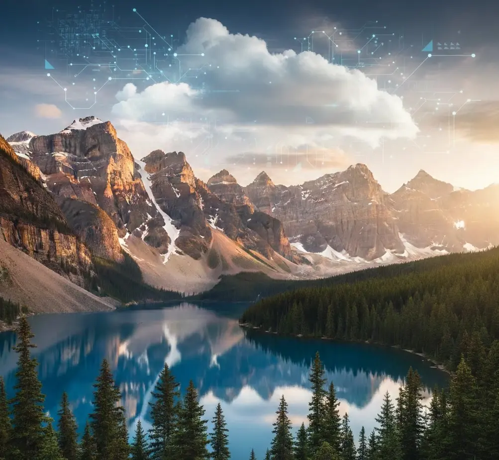 An image of a secure cloud floating above mountains.