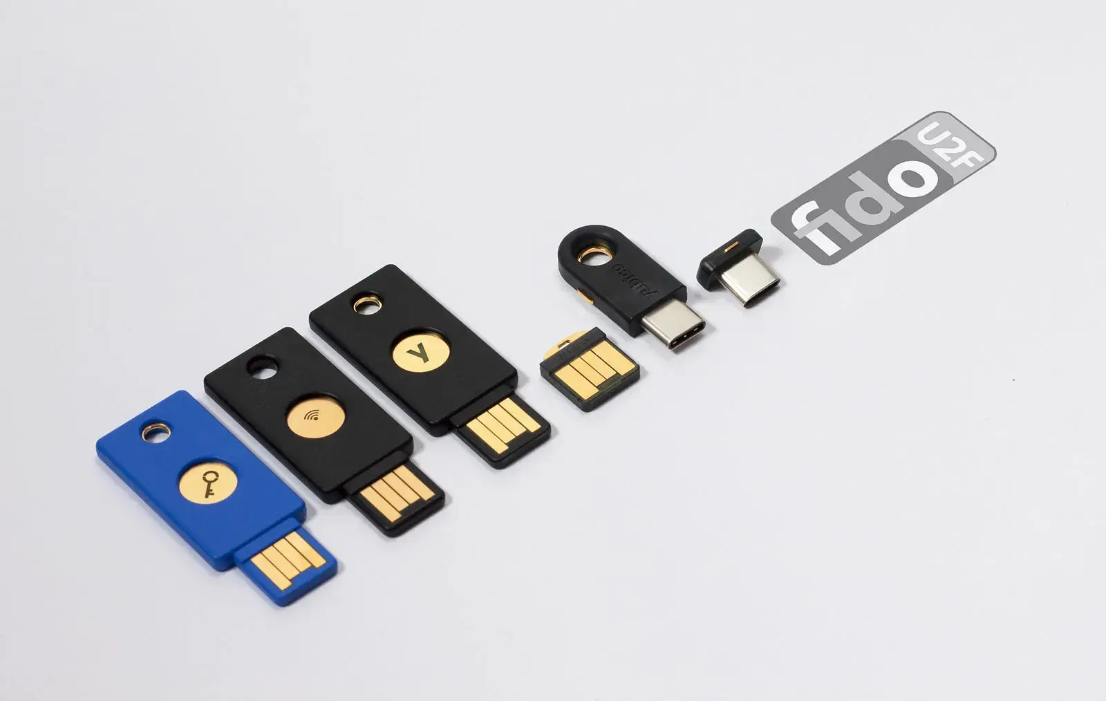 A set of YubiKey hardware security keys used for multi-factor authentication.