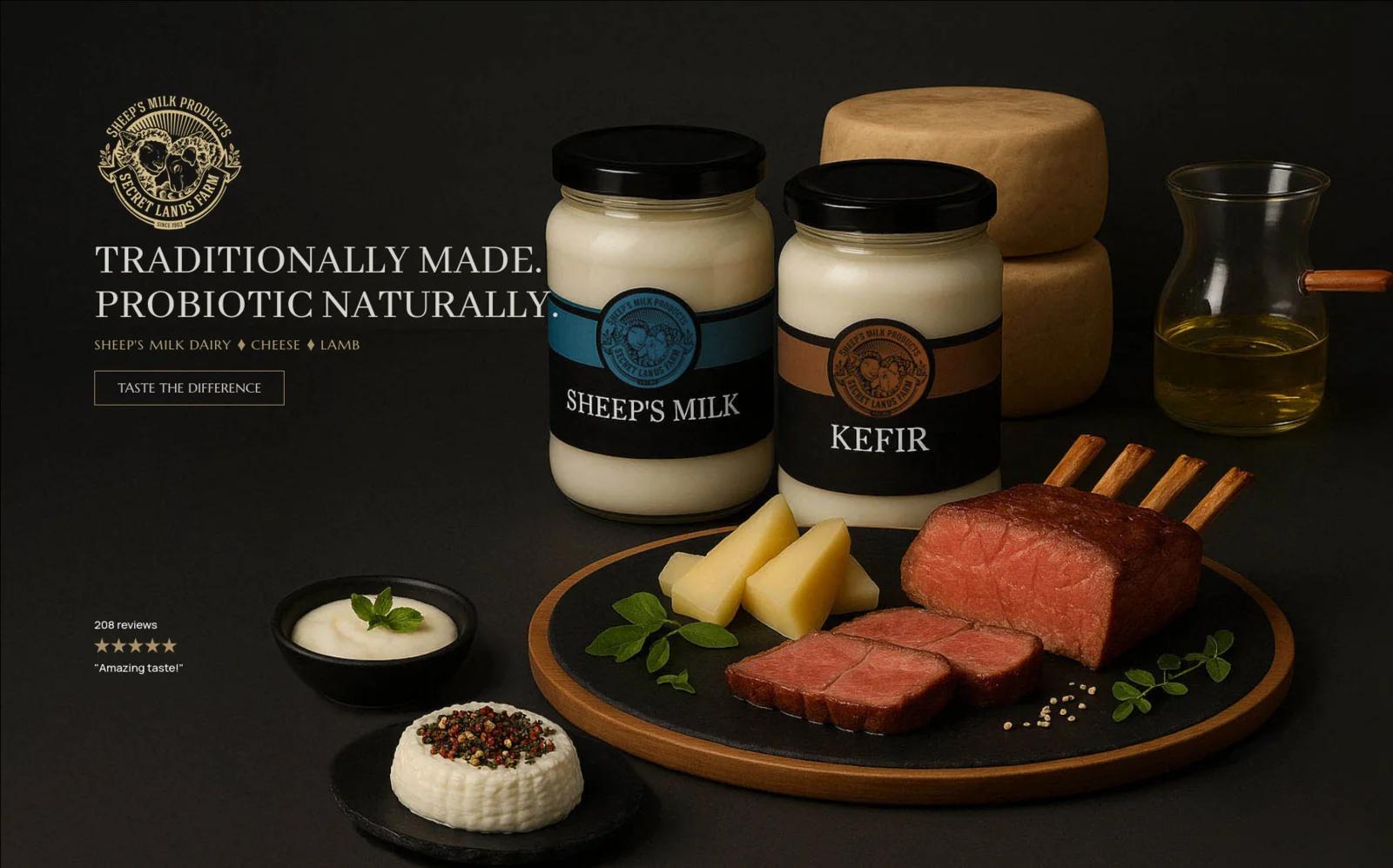 The Secret Lands Farm online store, showing sheep's milk products, cheese and lamb.