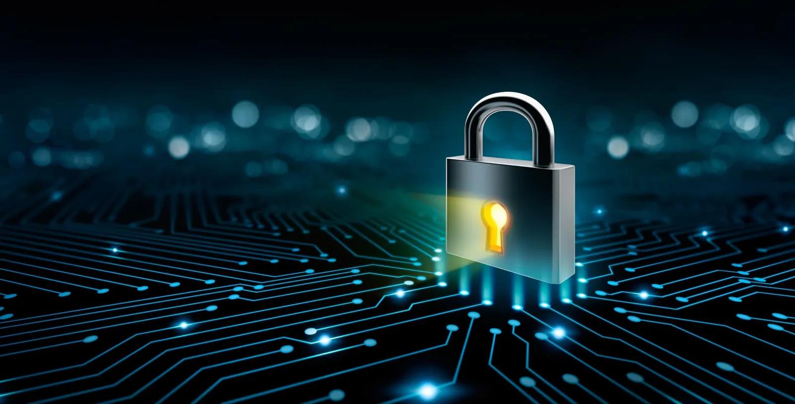 A locked padlock on a laptop, representing updates applied safely.
