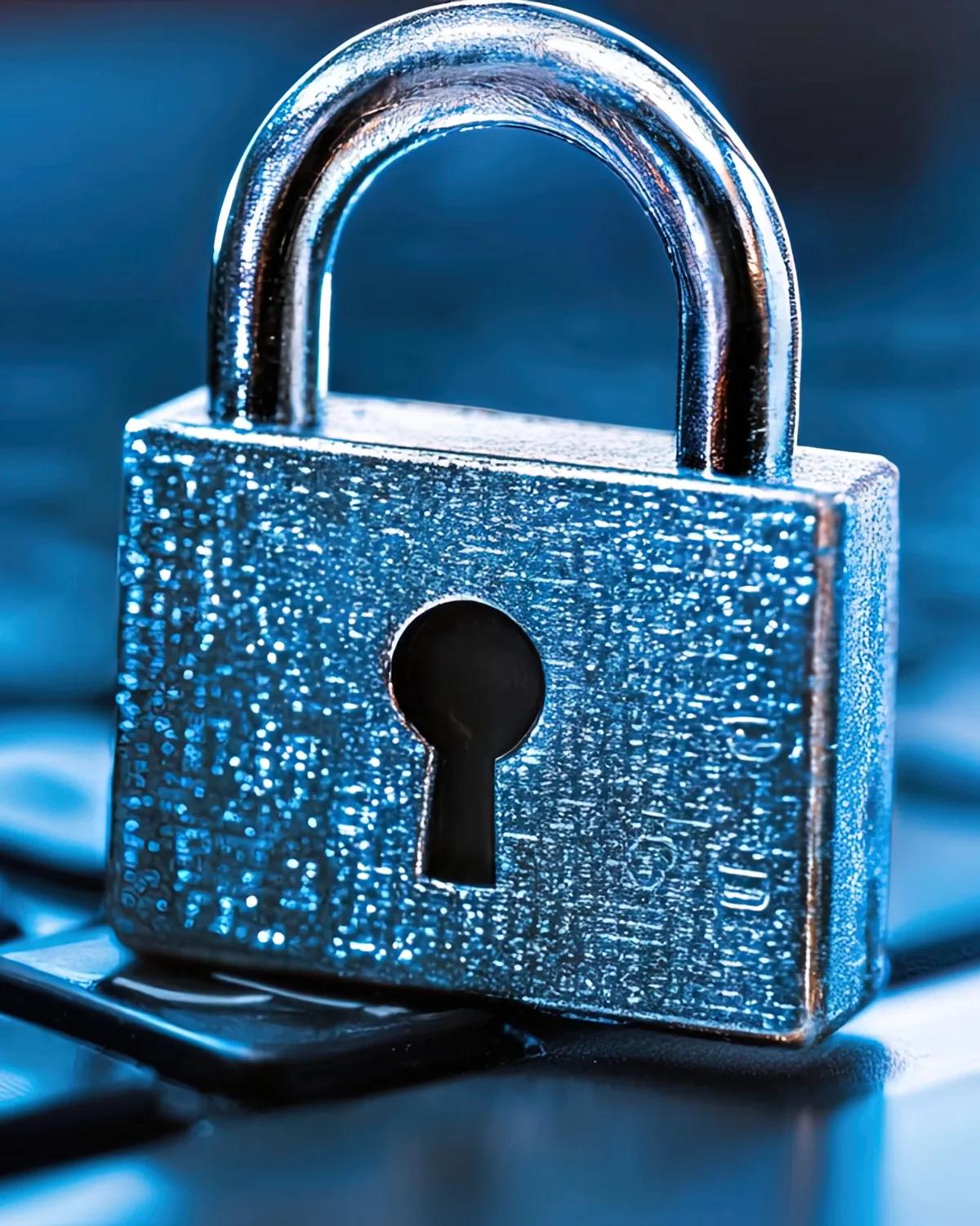 A steel padlock standing on a laptop keyboard.
