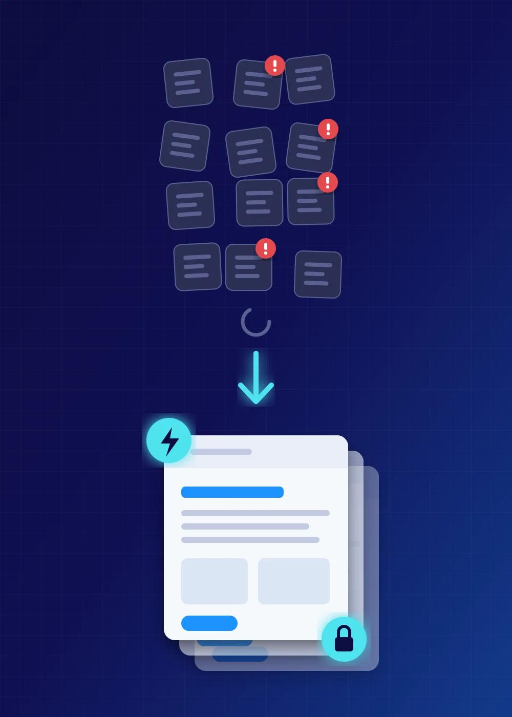 A jumble of plugin tiles with warnings, then a stack of clean fast pages with a lock.